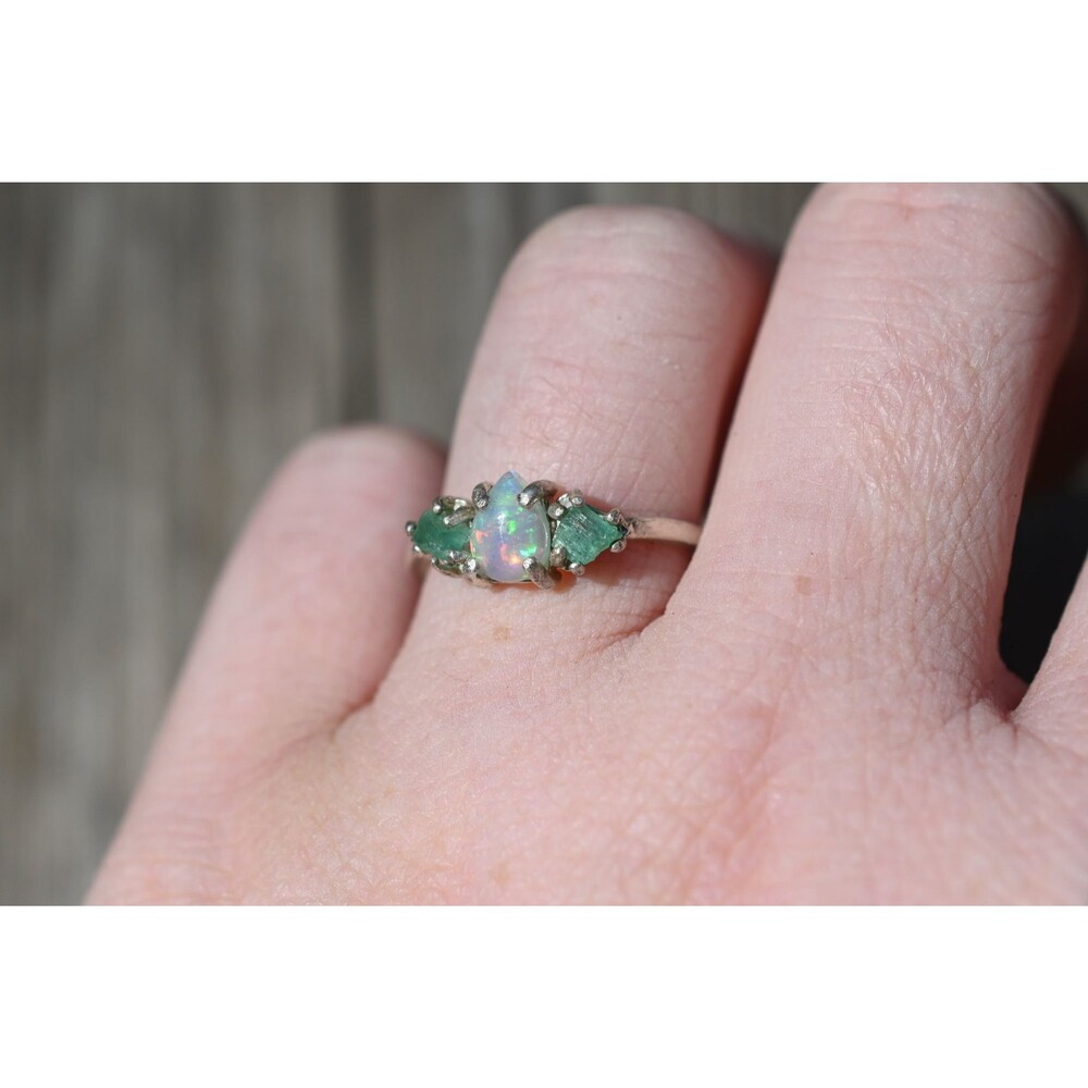 Opal and green tourmaline ring, raw stone rings, alternative engagement ring siz